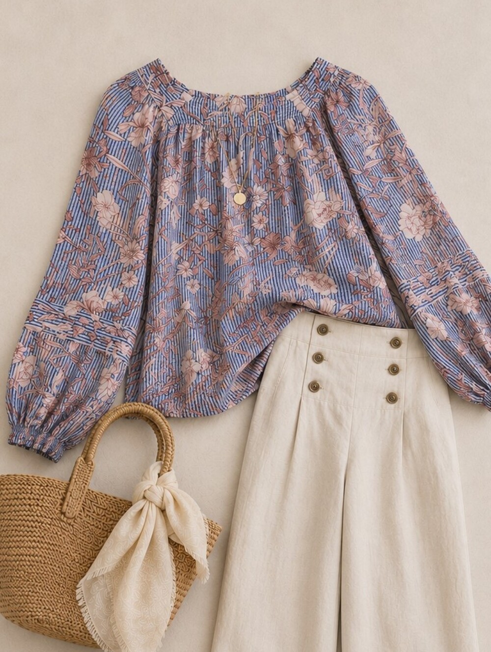 Boho Floral Peasant Blouse Blue Stripe Balloon Sleeve Cottagecore Chic Top